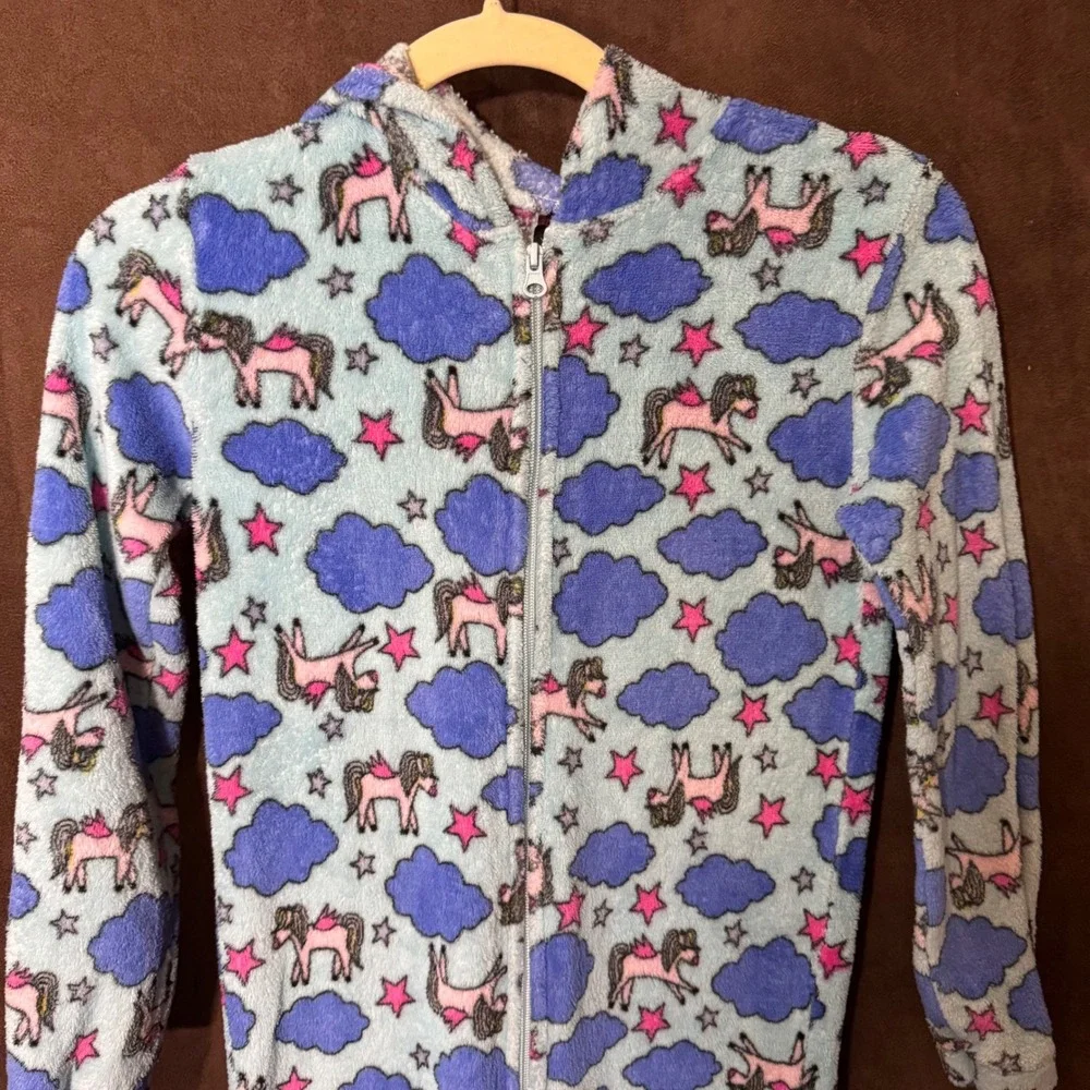 Just Love Girls Size 10/12 Blue Unicorn Cloud Star‎ Hooded Fleece Pajama Onesie